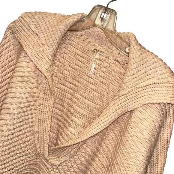 khaki sweater Free People neutral ribbed shawl neck middy collar L - Picture 5 of 6